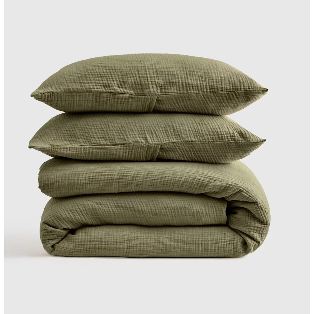 Quince Organic Airy Gauze Duvet Cover Set Full/Queen Size Olive Green Cotton